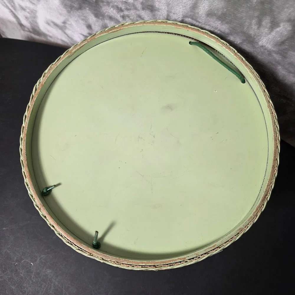 Princess 1950's Vintage Wicker Round Sewing Basket Lid Green Fair Retro Grandma